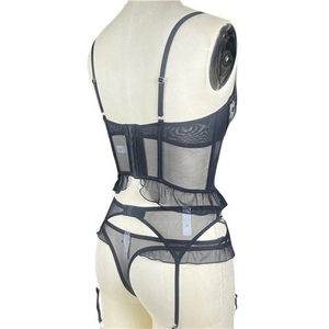 Rear view of black lace lingerie set with hook-and-eye closure and ruffle trim on mesh