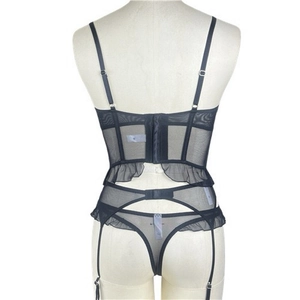 Rear view of black lace lingerie set featuring mesh corset with adjustable straps and frills