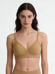 Detailed view of seamless khaki bra and panty set with scalloped edges and soft support