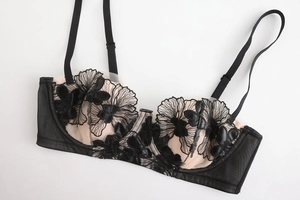 Detailed close-up of intricate black lace floral embroidery on breathable mesh bra cups