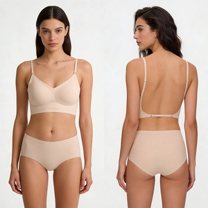 Detail view of seamless backless bra and panty set with adjustable straps in nude