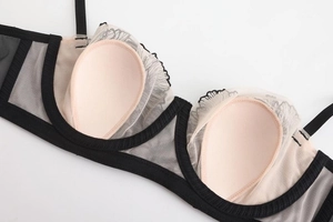 Detail of French lace embroidery on sexy bra with soft steel ring and mesh lining