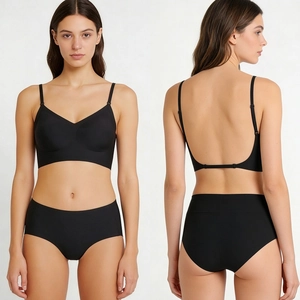 Detail view of black seamless backless bra and high waist panties with adjustable thin straps
