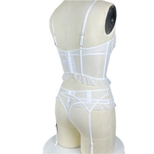 Detail view of the back of a white lace corset bra with adjustable straps and hook-eye closure