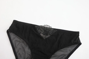 Close-up of black lace floral embroidery and sheer mesh fabric on sexy panty for women