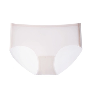 Detailed view of seamless beige ice silk underwear with reinforced cotton crotch lining