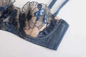 Close-up of floral embroidery on sheer mesh bra with intricate lace and soft underwire