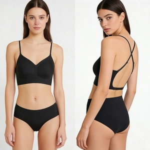 Seamless black wire-free lingerie set with deep V-neck bra and high waist panties