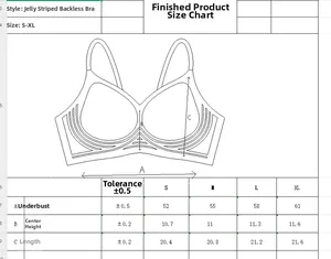 Size chart table for the wire-free seamless bra showing underbust and length measurements