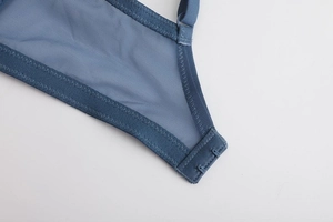 Detail of grey-blue mesh bra side wings and double-row metal hook closure