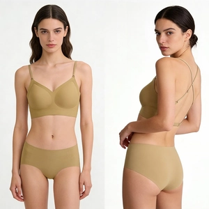 Detail of seamless mustard green wireless bra set featuring a stylish cross-back design