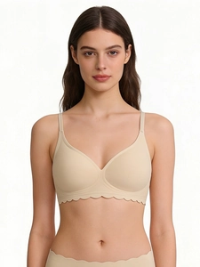 Close-up of seamless skin-tone bra with jelly strip support and wavy edge detail