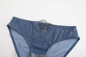 Detailed close-up of dark blue lace mesh panties with floral embroidery and sheer texture