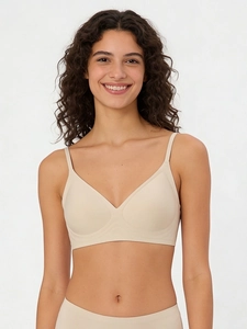 Close-up of seamless nude wireless bra with V-neck design and high elasticity fabric