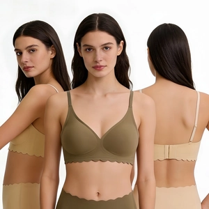 Detailed view of seamless wave-edge lingerie set with bra and panties in olive and beige