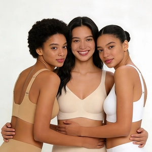 Seamless plus size wireless bras for women with soft support and wide straps in neutral tones