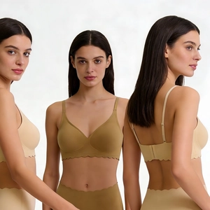 Detail view of seamless wireless bra featuring wave edge design and adjustable straps