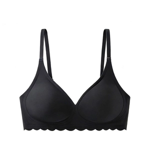 Close-up of black seamless bra featuring scalloped wave edges and smooth matte texture