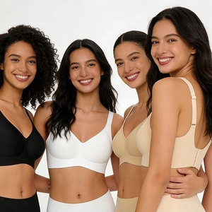 Seamless plus size wireless bras with wide straps in black, white, and nude colors