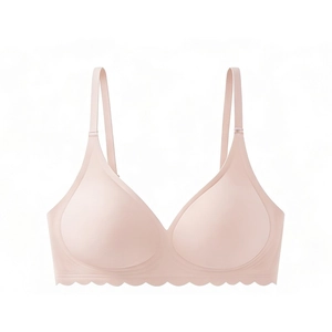 Macro detail of seamless nude wireless bra featuring soft scalloped edges and comfort support