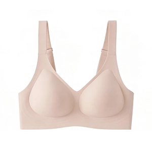 Detail showing the seamless back of the wide strap wireless nude bra with elastic fabric