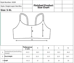 Size chart showing dimensions for thin seamless bralette with length and underbust guide