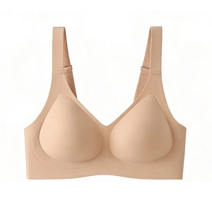 Seamless plus size beige wireless bra with wide shoulder straps and V-neck design