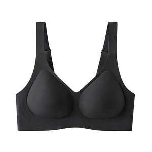 Flat lay of seamless black wire-free bra with wide straps and jelly support technology