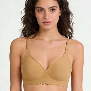Seamless V-neck wireless bra with scalloped edges and adjustable straps in beige