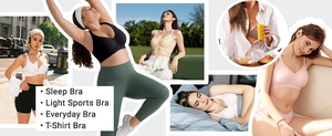 Collage of seamless wireless bras for sleep and sports in various natural colors