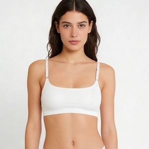 Detailed view of white seamless ultra-thin bralette with adjustable thin straps