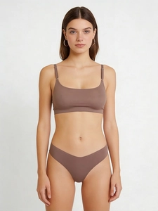 Front view of mocha brown seamless lingerie set with thin adjustable straps and square neck