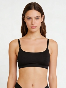 Close-up of black seamless ultra-thin bralette showing soft fabric and U-neck detail
