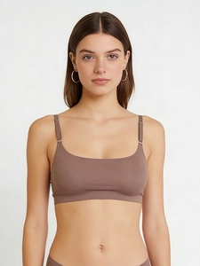 Close-up of seamless coffee brown ultra-thin bralette with adjustable thin straps