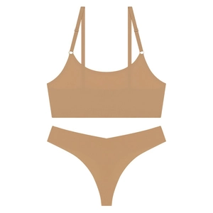 Seamless ultra-thin beige lingerie set featuring wireless bra and matching thong
