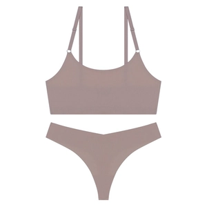 Detailed view of seamless thin bra set with adjustable straps in dusty lilac color