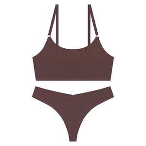 Detail view of seamless ultra-thin brown lingerie set with adjustable straps and high cut thong