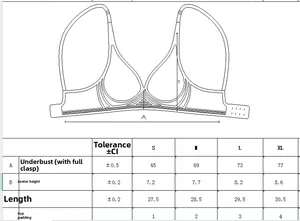 Size chart for seamless soft support bra showing measurements for S M L XL in CM