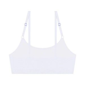 Detail view of seamless white bralette showing adjustable straps and soft elastic fabric