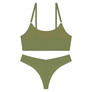 Detail view of olive green seamless ultra-thin lingerie set with thin shoulder straps