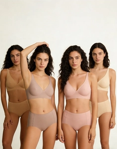 Detail view of seamless wire-free bras and high-waist panties in natural earth tones