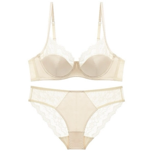 Elegante champagne kant lingerie set met satijnen beha en bijpassende transparante slipjes