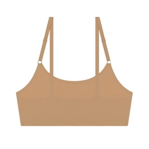 Seamless ultra-thin beige bralette for women with adjustable straps on a white background