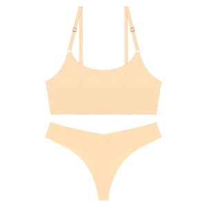 Flat lay of seamless ultra-thin lingerie set with adjustable straps in nude skin tone