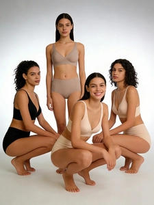 Detail view of seamless wire-free lingerie set with soft support in neutral tones