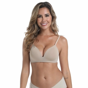 Close-up of seamless deep V wireless bra set in beige color with thin shoulder straps