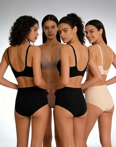 Back and front view of seamless underwear sets in black, nude and brown tones
