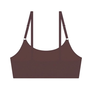 Detail view of seamless dark brown bra featuring adjustable thin shoulder straps and metal buckle
