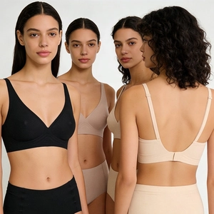 Seamless wireless bra and high waist panties set in neutral tones for women