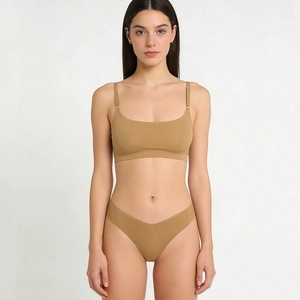 Women Seamless Nylon Ultra Thin Bra And Thong Top And Bottom Wireless Lingerie Adjustable Straps Breathable Daily Underwear